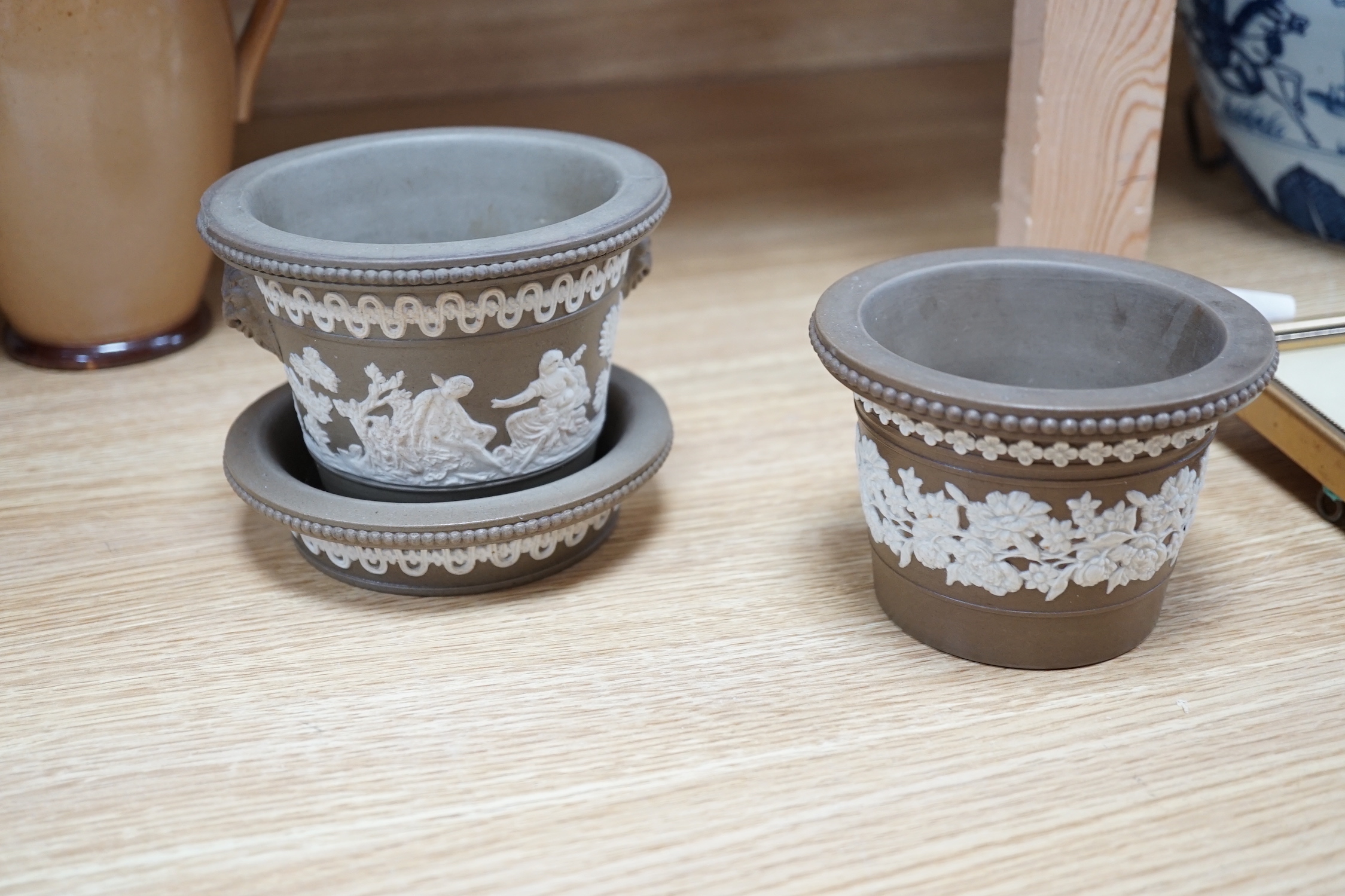 Five Meigh and Co. style Victorian stoneware planters and three Doulton jugs, tallest 20cm